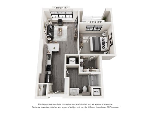 Floor plan for 1 bed, 1 bath, 680 sqft